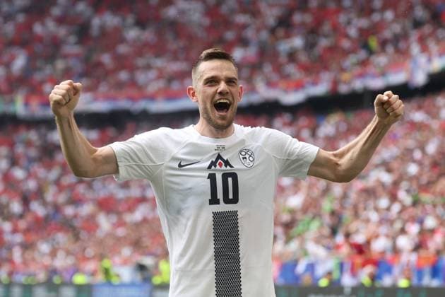 Goal celebration by Max Timi Elsnik 10 Slovenia for 1 0, Slovenia vs Serbia Football, UEFA Euro 2024, Group stage, Matchday 2, 20 06 2024 Munich Bavaria Germany Copyright: xkolbert-press ChristianxKolbertx