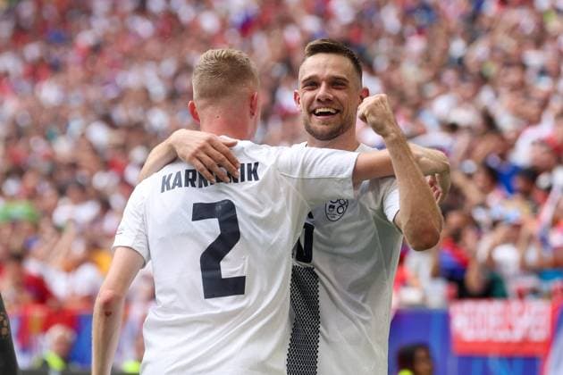 Goal celebration by Zan Karnicnik 2 Slovenia , Max Timi Elsnik 10 Slovenia to 1 0, Slovenia vs Serbia Football, UEFA Euro 2024, Group stage, Matchday 2, 20 06 2024 Munich Bavaria Germany Copyright: xkolbert-press ChristianxKolbertx