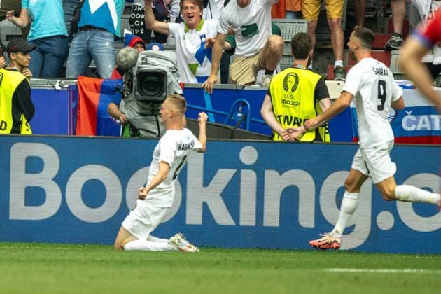 Goal for 1 0 by Zan Karnicnik Slovenia, 02 , GER, Slovenia SVN vs Serbia SRB , European Football Championship, UEFA EURO 2024, Group E, Matchday 2, 20 06 2024, GER, Slovenia SVN vs Serbia SRB , European Football Championship, UEFA EURO 2024, Group E, Matchday 2, 20 06 2024 Munich Copyright: xEibner-Pressefoto SaschaxWaltherx EP_SWA