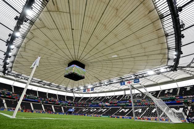20 06 2024, xscotx, European Football Championship 2024, Denmark England, emspor, v l Deutsche Bank Park Waldstadion Frankfurt Arena stadium view interior, lawn, grandstand with closed roof stadium roof Frankfurt am Main