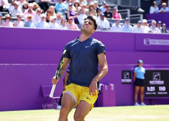 20th June 2024; Cinch Championships, Queens Club, West Kensington, London, England: Cinch Championships Queens Club, Day 4; Carlos Alcaraz (ESP) reacts disappointed after his forehand shot hits the net in his mens singles match against Jack Draper (GBR)  ActionPlus12657316 JohnxPatrickxFletcher