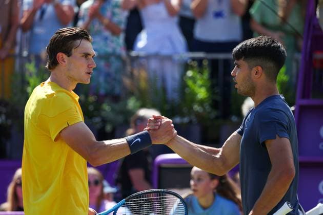 20th June 2024; Cinch Championships, Queens Club, West Kensington, London, England: Cinch Championships Queens Club, Day 4; Defending champion Carlos Alcaraz (ESP) congratulates Jack Draper (GBR) on reaching the quarter finals, mens singles match  ActionPlus12657309 JohnxPatrickxFletcher
