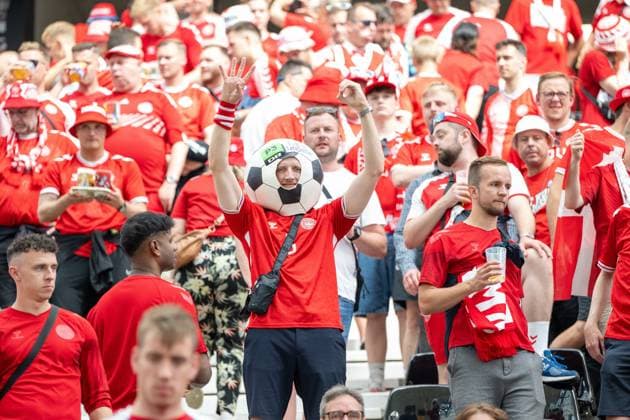 GER, EURO 2024, Group C, Denmark DEN vs England GBR 20 06 2024, Frankfurt Arena, Frankfurt, GER, EURO 2024, Group C, Denmark DEN vs England GBR In the picture Football head Danish fans Fan curve Fan culture Joy Happiness Jay Gestures, facial expressions, emotions Cheering nordphotoxGmbHxx xDenkinger nph00015