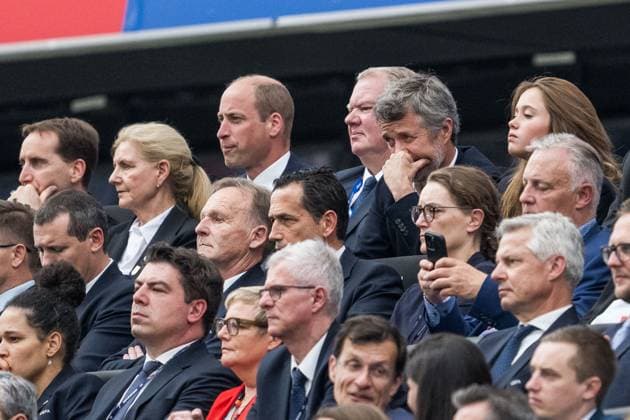 240620 Prince William, Karl Erik Nilsson, first vice president of UEFA, and Prince Joachim of Denmark in the stands during the UEFA Euro 2024 Football Championship match between Denmark and England on June 20, 2024 in Frankfurt Photo Mathias Bergeld BILDBYRAN kod MB MB0939 fotboll football soccer fotballs em europamästerskap em uefa euro uefa european football championship euro 2024 denmark england bbeng  Copyright: MATHIASxBERGELD BB240620MB049