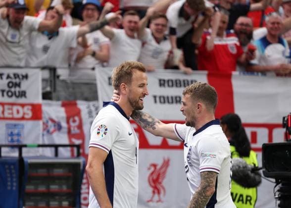 Frankfurt, Germany, 20th June 2024. Harry Kane of England celebrates scoring the first goal during the UEFA European Championships match at Commerzbank-Arena, Frankfurt. Picture credit should read: David Klein Sportimage EDITORIAL USE ONLY. No use with unauthorised audio, video, data, fixture lists, club league logos or live services. Online in-match use limited to 120 images, no video emulation. No use in betting, games or single club league player publications. SPI-3200-0062