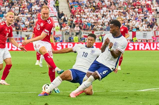 Christian ERIKSEN, DEN 10 compete for the ball, tackling, duel, header, zweikampf, action, fight against Jude Bellingham, ENG 10 Marc Guehi, England 6 in the group stage match ENGLAND - DENMARK of the UEFA European Championships 2024 on Jun 20, 2024 in Frankfurt, Germany.