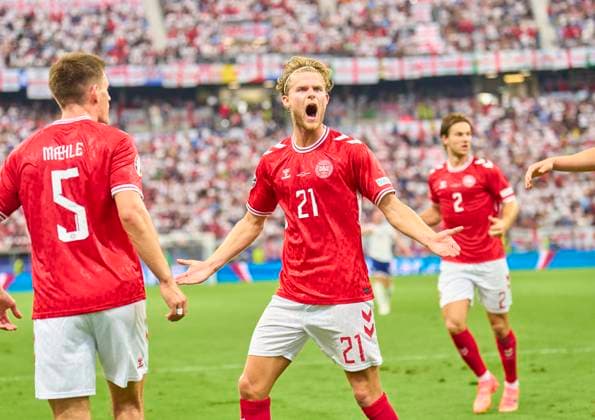 Morten Hjulmand, DEN 21 celebrates his goal, happy, laugh, celebration, 1-1 in the group stage match ENGLAND - DENMARK of the UEFA European Championships 2024 on Jun 20, 2024 in Frankfurt, Germany.