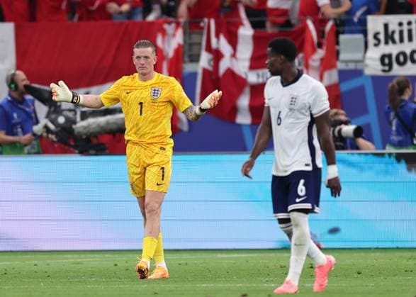 Frankfurt, Germany, 20th June 2024. Jordan Pickford of England reacts after the Danish Equalising goal during the UEFA European Championships match at Commerzbank-Arena, Frankfurt. Picture credit should read: David Klein Sportimage EDITORIAL USE ONLY. No use with unauthorised audio, video, data, fixture lists, club league logos or live services. Online in-match use limited to 120 images, no video emulation. No use in betting, games or single club league player publications. SPI-3200-0074