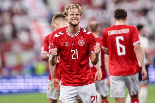2024-06-20 Denmark v England - Group C - UEFA EURO, EM, Europameisterschaft,Fussball 2024 FRANKFURT, GERMANY - JUNE 20: Morten Hjulmand of Denmark celebrates the goal during the Group C - UEFA EURO 2024 match between Denmark and England at Deutsche Bank Park on June 20, 2024 in Frankfurt, Germany. (Photo by Peter Lous BSR Agency) Frankfurt Germany Content not available for redistribution in The Netherlands directly or indirectly through any third parties. Copyright: xBSRxAgencyx