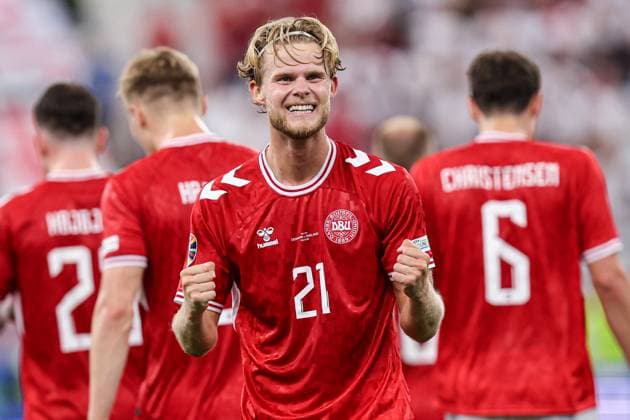 2024-06-20 Denmark v England - Group C - UEFA EURO, EM, Europameisterschaft,Fussball 2024 FRANKFURT, GERMANY - JUNE 20: Morten Hjulmand of Denmark celebrates the goal during the Group C - UEFA EURO 2024 match between Denmark and England at Deutsche Bank Park on June 20, 2024 in Frankfurt, Germany. (Photo by Peter Lous BSR Agency) Frankfurt Germany Content not available for redistribution in The Netherlands directly or indirectly through any third parties. Copyright: xBSRxAgencyx