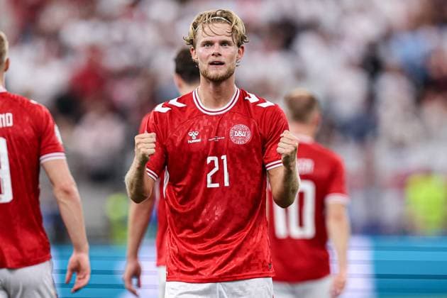 2024-06-20 Denmark v England - Group C - UEFA EURO, EM, Europameisterschaft,Fussball 2024 FRANKFURT, GERMANY - JUNE 20: Morten Hjulmand of Denmark celebrates the goal during the Group C - UEFA EURO 2024 match between Denmark and England at Deutsche Bank Park on June 20, 2024 in Frankfurt, Germany. (Photo by Peter Lous BSR Agency) Frankfurt Germany Content not available for redistribution in The Netherlands directly or indirectly through any third parties. Copyright: xBSRxAgencyx