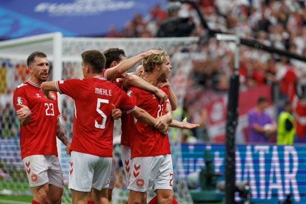 Morten Hjulmand seen celebrating after scoring goal during UEFA EURO, EM, Europameisterschaft,Fussball 2024 game between national teams of Denmark and England at Deutsche Bank Park, Frankfurt, Germany (Maciej Rogowski) Frankfurt Deutsche Bank Park Germany Copyright: xMaciejxRogowskix deneng-7