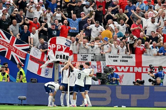 20 06 2024, xscotx, Football EM 2024, Denmark England, emspor, v l goal celebration after the goal celebrating the goal celebrate 0 1 by Harry Kane England Frankfurt am Main