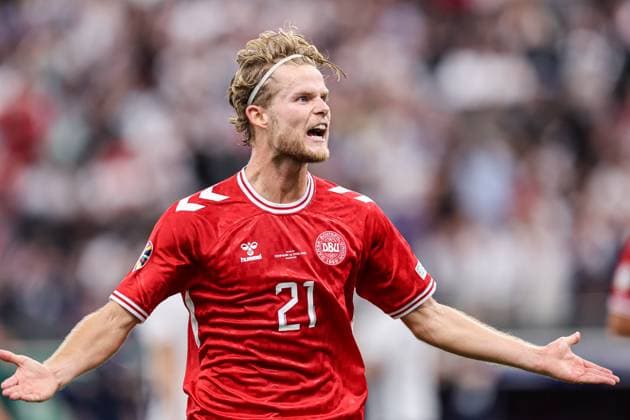 2024-06-20 Denmark v England - Group C - UEFA EURO, EM, Europameisterschaft,Fussball 2024 FRANKFURT, GERMANY - JUNE 20: Morten Hjulmand of Denmark celebrates the goal during the Group C - UEFA EURO 2024 match between Denmark and England at Deutsche Bank Park on June 20, 2024 in Frankfurt, Germany. (Photo by Peter Lous BSR Agency) Frankfurt Germany Content not available for redistribution in The Netherlands directly or indirectly through any third parties. Copyright: xBSRxAgencyx