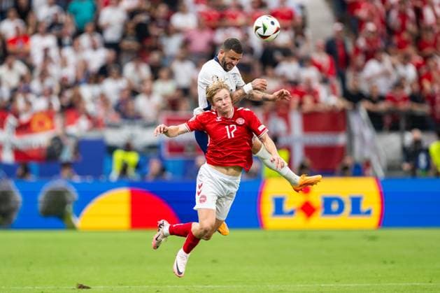 Denmark v England, UEFA EURO, EM, Europameisterschaft,Fussball 2024, Frankfurt, Germany Frankfurt, Germany. 20th, June 2024. Kyle Walker (2) of England and Victor Kristiansen (17) of Denmark seen during the UEFA Euro 2024 match in Group C between Denmark and the England at Deutsche Bank Park in Frankfurt. Frankfurt Germany  Copyright: xGonzalesxPhoto FrederikkexJensenx