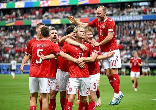 Soccer Euro 2024 Group C 20 06 2024 Denmark England cheering Denmark after the goal to 1 1, Joakim Maehle, Pierre Emile Hoejbjerg, goal scorer Morten Hjulmand, Rasmus Hoejlund, Christian Eriksen
