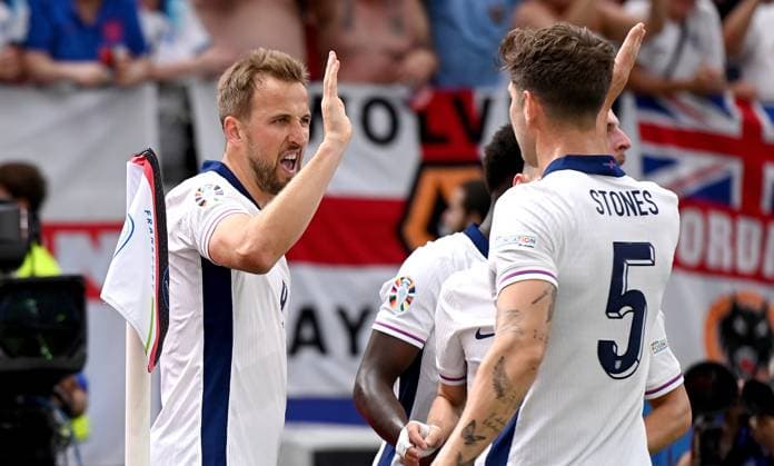 Soccer Euro 2024 Group C 20 06 2024 Denmark England Cheering England after the goal to 0 1, Harry Kane with John Stones v li