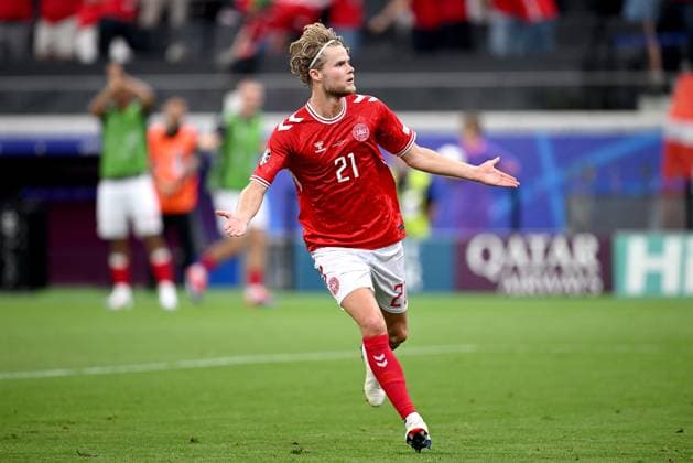 Soccer Euro 2024 Group C 20 06 2024 Denmark England cheering Denmark after the goal to 1 1, goal scorer Morten Hjulmand