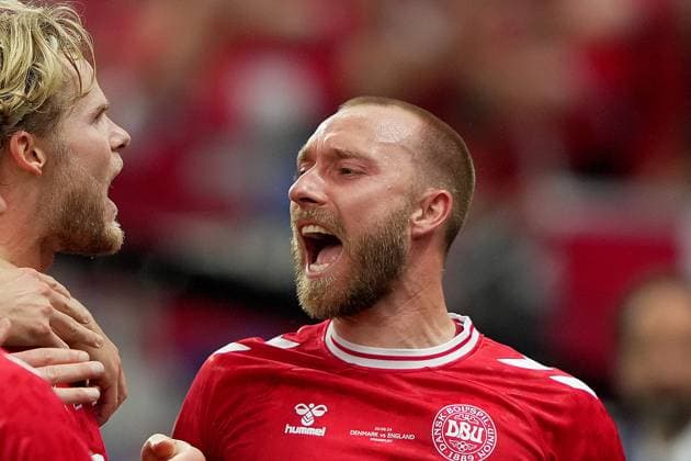 Denmark s Morten Hjulmand celebrates after scoring -21 during the Euro 2024 soccer match between Denmark and England at the Frankfurt Arena , Frankfurt , Germany - Thursday 20 June 2024. - Soccer .  Copyright: xSpada LaPressex