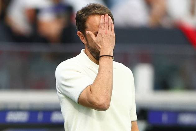 England manager Gareth Southgate shows a look of dejection in the technical area Denmark v England, UEFA European Championship, EM, Europameisterschaft 2024, Group C, Football, Frankfurt Arena, Frankfurt, Germany, 20 Jun 2024 EDITORIAL USE ONLY No use with unauthorised audio, video, data, fixture lists, club league logos or live services. Online in-match use limited to 120 images, no video emulation. No use in betting, games or single club league player publications. Copyright: xKieranxMcManus Shutterstockx 14543690cl