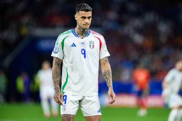 240620 Gianluca Scamacca of Italy during the UEFA Euro 2024 Football Championship match between Spain and Italy on June 20, 2024 in Gelsenkirchen Photo Jesper Zerman BILDBYRAN kod JZ JZ0544 fotboll football soccer fotballs em europamästerskap em uefa euro uefa european football championship euro 2024 spanien spain italy bbeng  Copyright: JESPERxZERMAN BB240620JZ050