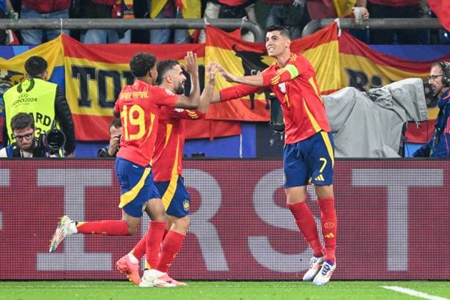 Euro 2024 Spain Italy on 20 06 2024 at the Veltins Arena in Gelsenkirchen Alvaro Morata ESP celebrates after scoring the 1 0 goal MT