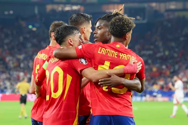 Pedri Spain , Nico Williams Spain and Lamine Yamal Spain celebrate Riccardo Calafiori Italys own goal to make it 1-0, UEFA EURO 2024 Group B, Spain vs Italy, Arena AufSchalke, 20 06 2024, Gelsenkirchen, Germany