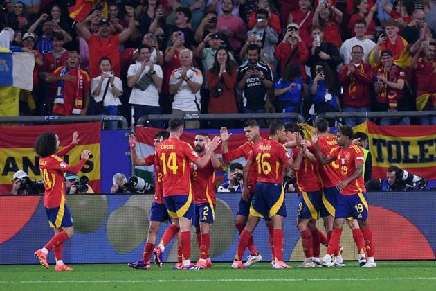 Soccer UEFA EURO 2024 group stage 2 matchday Spain Italy on 20 06 2024 at the Arena AufSchalke in Gelsenkirchen Goal celebration for 1 0 by own goal Riccardo Calafiori Italy Spain Cheers Joy Emotions xRx