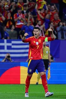 Alvaro Morata of Spain celebrates after the own goal of Riccardo Calafiori of Italy (not pictured) during the Euro 2024 Group Stage B football match between Spain and Italy at Arena AufSchalke Stadium in Gelsenkirchen (Germany), June 20th, 2024. cesarexpurini