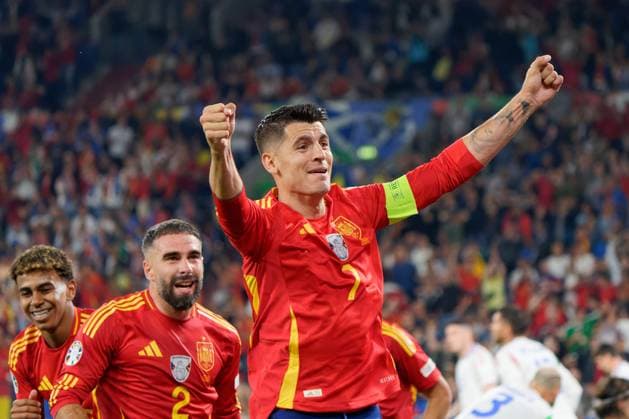 Alvaro Morata of Spain celebrates Calafiori s own goal during UEFA EURO, EM, Europameisterschaft,Fussball 2024 - Spain vs Italy, UEFA European Football Championship in Gelsenkirchen, Germany, June 20 2024  Copyright: xx xx IPA_Agency_IPA47321837