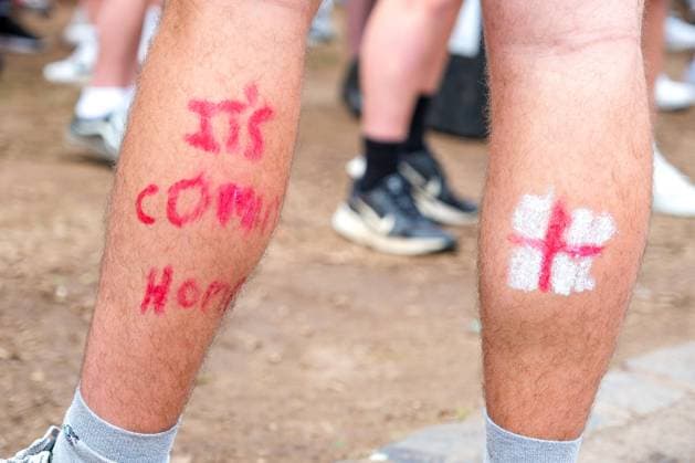 An England fan has the slogan It s Coming Home on his calf, GER, UEFA EURO 2024, Denmark vs England, Group C, Public Viewing, Fanzone, Frankfurt am Main, 20 06 2024 GER, UEFA EURO 2024, Denmark vs England, Group C, Public Viewing, Fanzone, Frankfurt am Main, 20 06 2024 Frankfurt am Main Copyright: xEibner-Pressefoto FlorianxWieganx EP_FWD