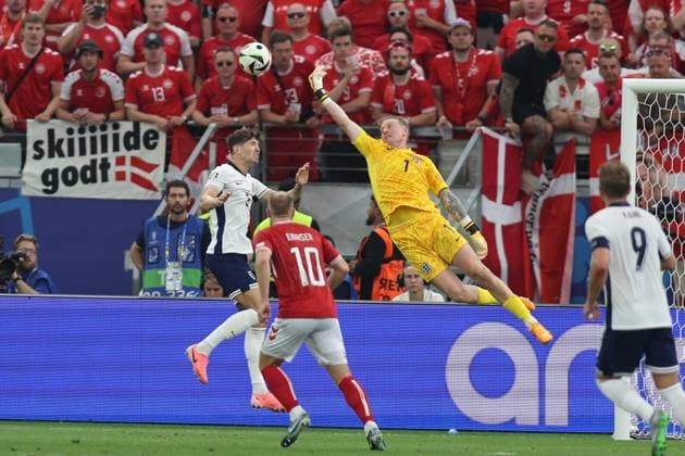 Jordan Pickford (England)John Stones (England)Christian Eriksen (Denmark) during the UEFA EURO, EM, Europameisterschaft,Fussball Germany 2024 match between Denmark 1-1 England at Frankfurt Arena on June 20, 2024 in Frankfurt, Germany. Noxthirdxpartyxsales  (257099908)