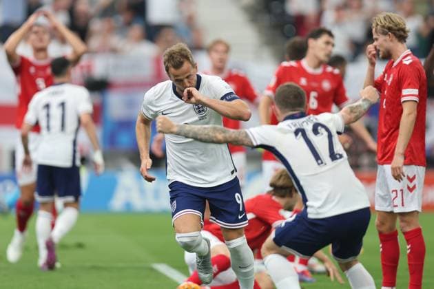 Harry Kane (England) celebrates after scoring his team s first goal during the UEFA EURO, EM, Europameisterschaft,Fussball Germany 2024 match between Denmark 1-1 England at Frankfurt Arena on June 20, 2024 in Frankfurt, Germany. Noxthirdxpartyxsales  (257099962)
