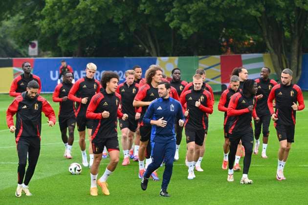 Belgium Media Activities - UEFA EURO, EM, Europameisterschaft,Fussball 2024 21 06 2024 FREIBERG AM NECKA, GERMANY - JUNE 21 : Carrasco Yannick forward of Belgium and Witsel Axel midfielder of Belgium during a training session of the Belgian Red Devils at the UEFA EURO 2024 European Football Championship tournament on June 21, 2024 in Freiberg am Necka, Germany, 21 06 2024 Freiberg am Necka Germany  Copyright: xVincentxKalutx