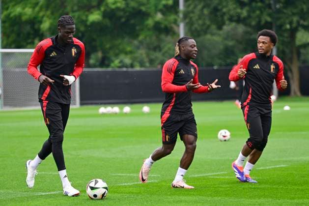 Belgium Media Activities - UEFA EURO, EM, Europameisterschaft,Fussball 2024 21 06 2024 FREIBERG AM NECKA, GERMANY - JUNE 21 : Onana Amadou midfielder of Belgium, Doku Jeremy forward of Belgium and Openda Lois forward of Belgium during a training session of the Belgian Red Devils at the UEFA EURO 2024 European Football Championship tournament on June 21, 2024 in Freiberg am Necka, Germany, 21 06 2024 Freiberg am Necka Germany  Copyright: xPeterxDexVoechtx