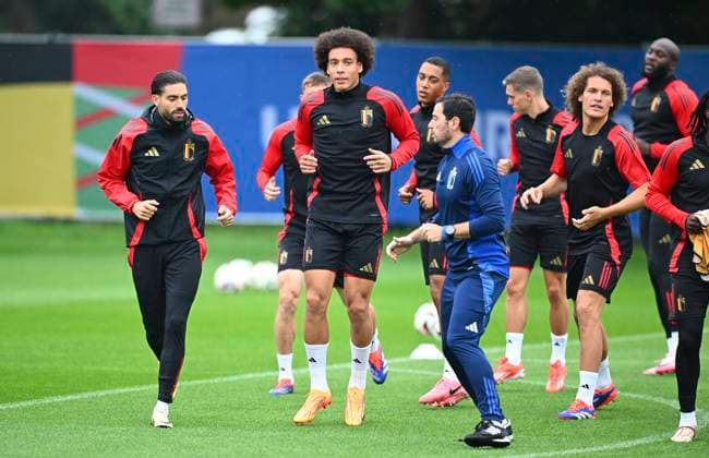 Belgium Media Activities - UEFA EURO, EM, Europameisterschaft,Fussball 2024 21 06 2024 FREIBERG AM NECKA, GERMANY - JUNE 21 : Carrasco Yannick forward of Belgium and Witsel Axel midfielder of Belgium during a training session of the Belgian Red Devils at the UEFA EURO 2024 European Football Championship tournament on June 21, 2024 in Freiberg am Necka, Germany, 21 06 2024 Freiberg am Necka Germany  Copyright: xVincentxKalutx