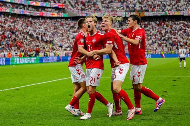 Denmark v England Euro 2024 20 06 2024. Group C Goal 1-1 Morten Hjulmand of Denmark scores a goal and celebrates during the Euro 2024 match between Denmark and England at Deutsche Bank Park, Frankfurt, Germany on 20 June 2024. Editorial use only , Copyright: xNigelxKeenex PSI-19851-0200