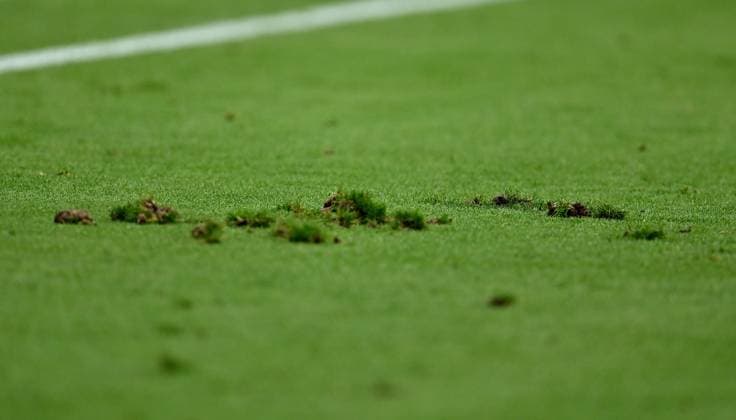 20 06 2024, xscotx, European Football Championship 2024, Denmark England, emspor, v l broken turf in the Frankfurt Arena Deutsche Bank Park Hole Playing field Pieces of turf Pieces of turf Earth Field Field Green Green destroyed destroyed Broken Hole Holes Holes Frankfurt am Main