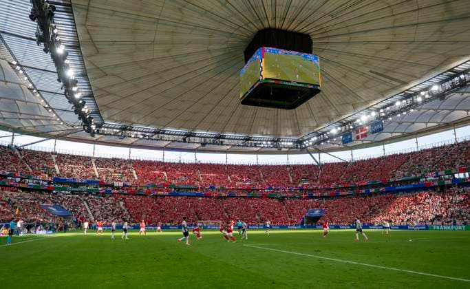 20 06 2024, xscotx, Football EM 2024, Denmark England, emspor, v l view stadium view stadium overview stadium overview overview overview Frankfurt Arena Deutsche Bank Park in Frankfurt am Main with broken grass in the Frankfurt Arena Deutsche Bank Park hole pitch grass parts grass pieces grass pieces earth field field green green destroyed destroyed broken hole holes holes interior fans spectators Frankfurt am Main