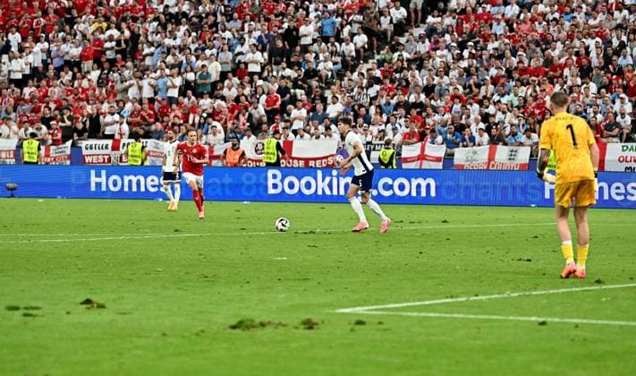 20 06 2024, xscotx, European Football Championship 2024, Denmark England, emspor, v l John Stones England with ball on the broken lawn in the Frankfurt Arena Deutsche Bank Park Hole Playing field Lawn parts Lawn pieces Lawn pieces Earth Field Field Green Green destroyed destroyed Broken hole Holes Holes Frankfurt am Main