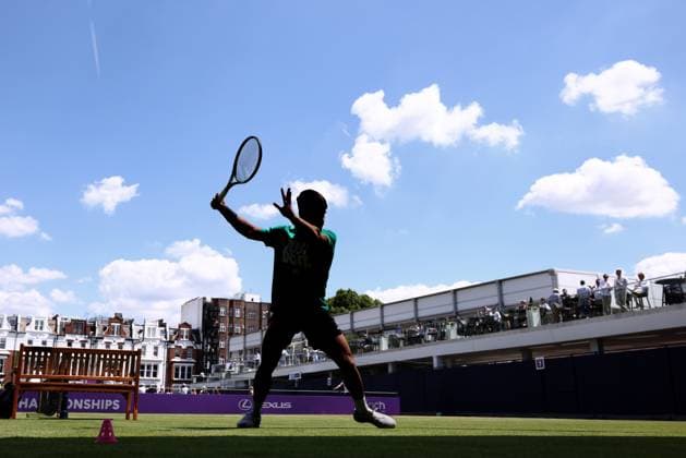 21st June 2024; Cinch Championships, Queens Club, West Kensington, London, England: Cinch Championships Queens Club, Day 5; Carlos Alcaraz during a practice session at the Queens club tennis centre  ActionPlus12657696 ShaunxBrooks