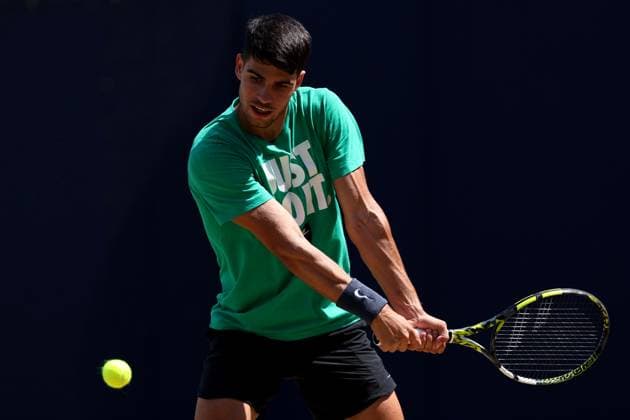21st June 2024; Cinch Championships, Queens Club, West Kensington, London, England: Cinch Championships Queens Club, Day 5; Carlos Alcaraz during a practice session at the Queens club tennis centre  ActionPlus12657697 ShaunxBrooks