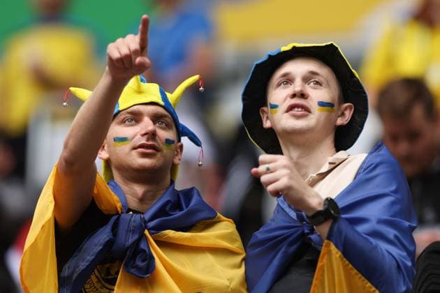 Ukraine fans Slovakia v Ukraine, UEFA European Championship, EM, Europameisterschaft 2024, Group E, Football, Dusseldorf Arena, Dusseldorf, Germany - 21 Jun 2024 EDITORIAL USE ONLY No use with unauthorised audio, video, data, fixture lists, club league logos or live services. Online in-match use limited to 120 images, no video emulation. No use in betting, games or single club league player publications. Copyright: xPaulxCurrie Shutterstockx 14543871b