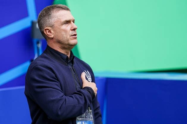 2024-06-21 Slovakia v Ukraine - Group E - UEFA EURO, EM, Europameisterschaft,Fussball 2024 DUSSELDORF, GERMANY - JUNE 21: Coach Sergii Rebrov of Ukraine during the national anthem during the Group E - UEFA EURO 2024 match between Slovakia and Ukraine at Merkur Spiel-Arena on June 21, 2024 in Dusseldorf, Germany. (Photo by Joris Verwijst BSR Agency) Dusseldorf Germany Content not available for redistribution in The Netherlands directly or indirectly through any third parties. Copyright: xBSRxAgencyx