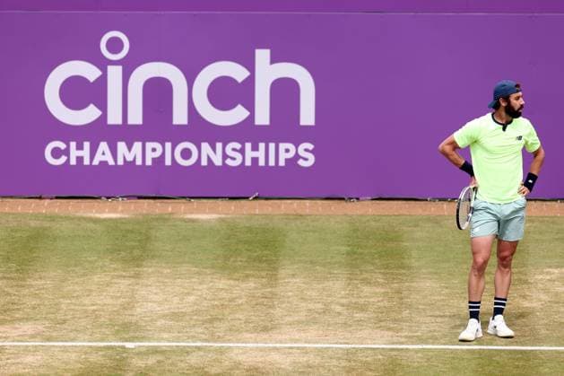 21st June 2024; Cinch Championships, Queens Club, West Kensington, London, England: Cinch Championships Queens Club, Day 5; Jordan Thompson (AUS) call for a review during his mens quarterfinal match against Taylor Fritz (USA)  ActionPlus12657715 ShaunxBrooks