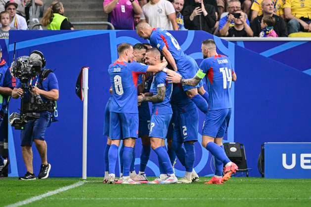 Goal celebration for 1 0 by Ivan Schranz 26 Slovakia , Slovakia vs Ukraine, Football, UEFA Euro 2024, Group stage, Matchday 2, 21 06 2024 Düsseldorf Nordrhein Westfalen Germany Copyright: xkolbert-press MarcxNiemeyerx