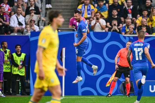 Goal celebration for 1 0 by Ivan Schranz 26 Slovakia , Slovakia vs Ukraine, Football, UEFA Euro 2024, Group stage, Matchday 2, 21 06 2024 Düsseldorf Nordrhein Westfalen Germany Copyright: xkolbert-press MarcxNiemeyerx