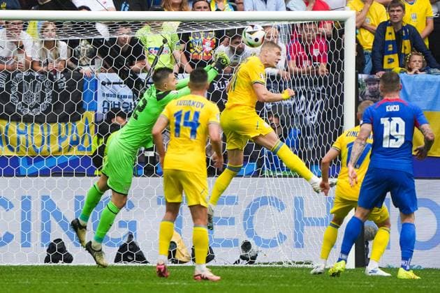 Goalkeeper Goalie Anatoly Trubin Ukraine, 12 clears Düsseldorf 21 06 2024 Ukraine vs Slovakia, EURO2024 M21, Group E, EM Arena Düsseldorf