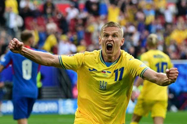Goal celebration for 1 0 by Mykola Shaparenko 19 Ukraine , Slovakia vs Ukraine, Soccer, UEFA Euro 2024, Group stage, Matchday 2, 21 06 2024 Düsseldorf Nordrhein Westfalen Germany Copyright: xkolbert-press MarcxNiemeyerx