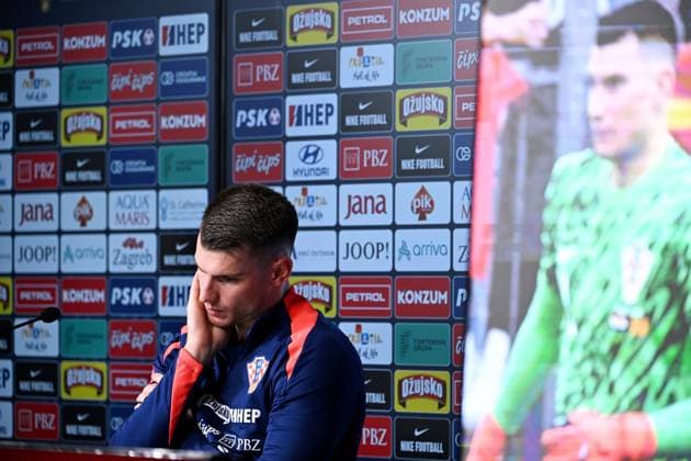 Neuruppin, Germany, 210624. Croatian national team, Nationalteam members Dominik Livakovic and Bruno Petkovic at the media conference of the Croatian national football team at UEFA EURO, EM, Europameisterschaft,Fussball 2024 European Football Championship. Photo: Ante Cizmic CROPIX Croatia Copyright: xxAntexCizmicx xCROPIXx petkovic_livakovic5-210624